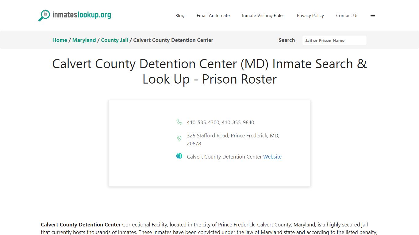 Calvert County Detention Center (MD) Inmate Search & Look Up - Prison ...